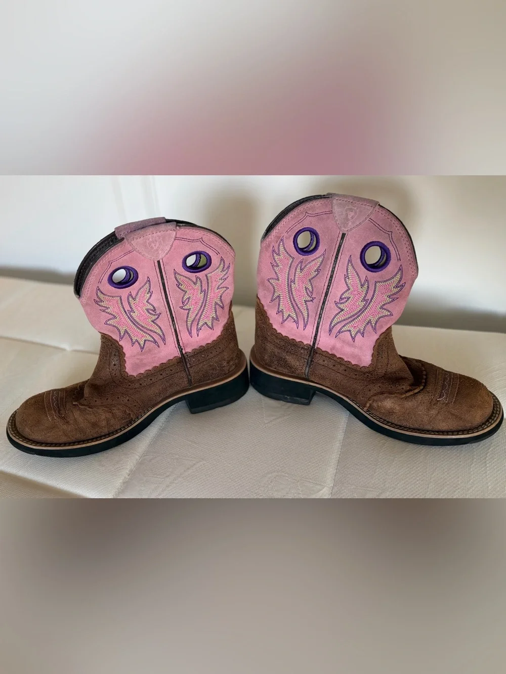 Ariat Girls Western Cowboy Boots Pink Brown Distressed Leather Size 6.5Y